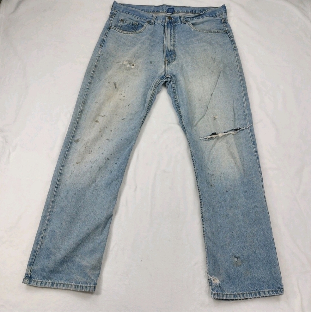 FALLS CREEK JEANS MENS BLUE DISTRESSED DESTROYED STRAIGHT DENIM PANTS SIZE 36×32